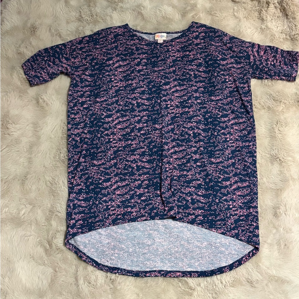 Lularoe Navy Blue Tee with Pink Speckle Print